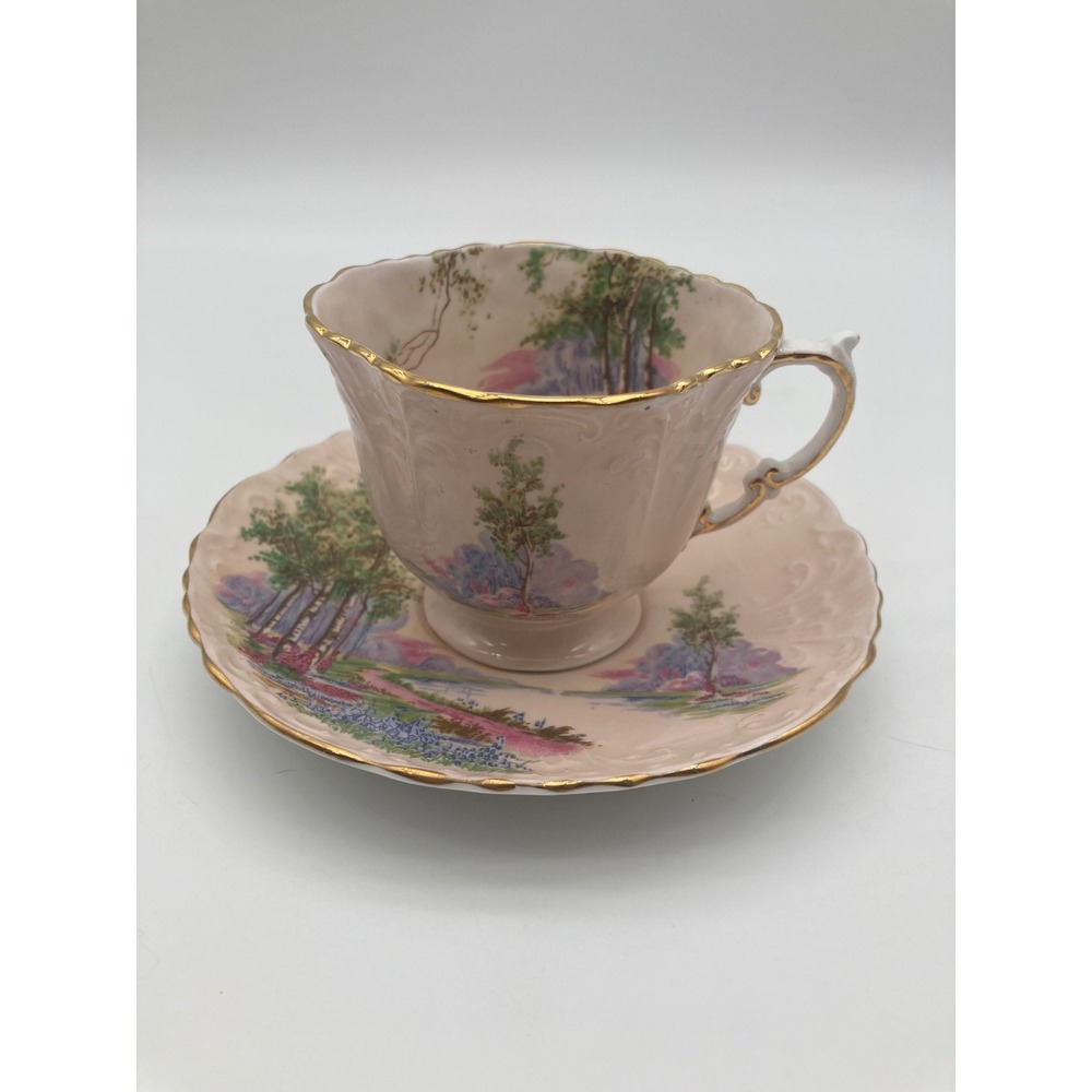 Vintage Aynsley Fine Bone China Teacup Saucer Set Pink Woodland Landscape C493